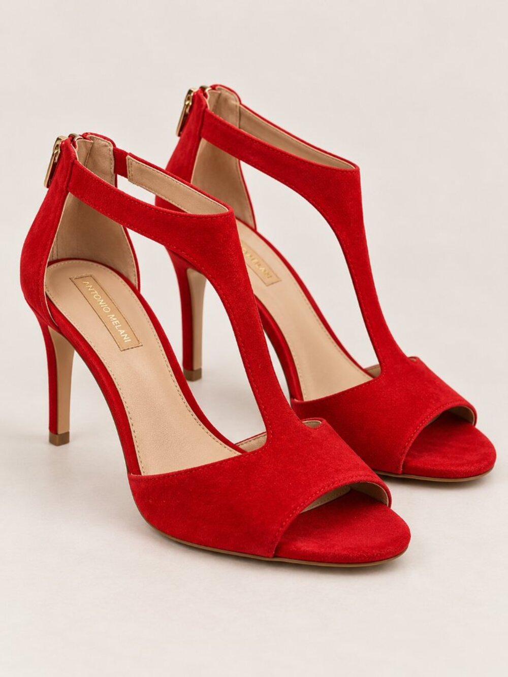 Antonio Melani Red Suede T Strap Heels 7M Open Toe Holiday Party Stiletto